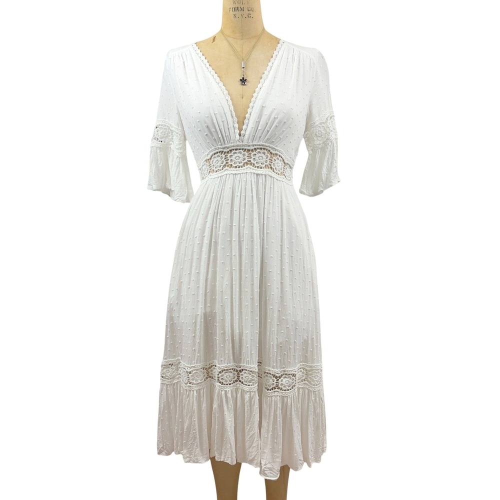 L'Atiste by Amy White Swiss Dot Crochet Lace Maxi Dress Cottagecore Boho S